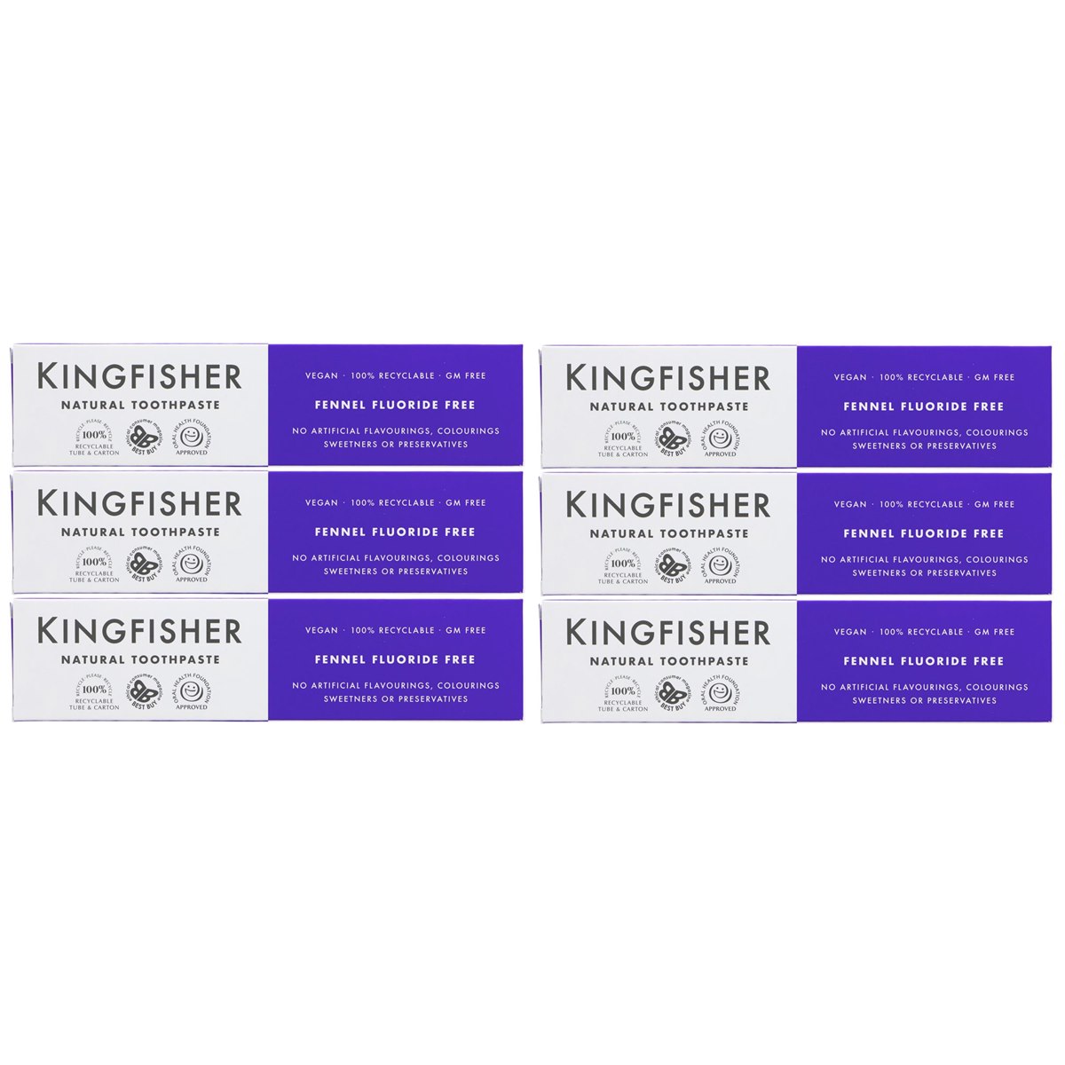 Case of 6 x Kingfisher Natural Toothpaste Fennel Fluoride Free 100ml