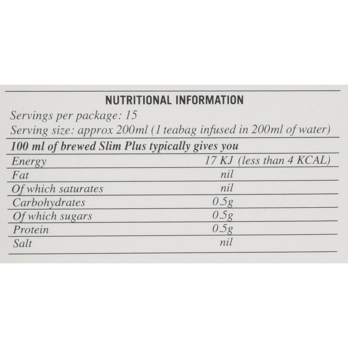 Slim Plus Tea Nutritional Information