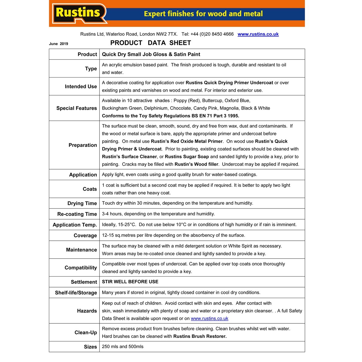 Rustins Small Job Gloss Paint Usage Instructions