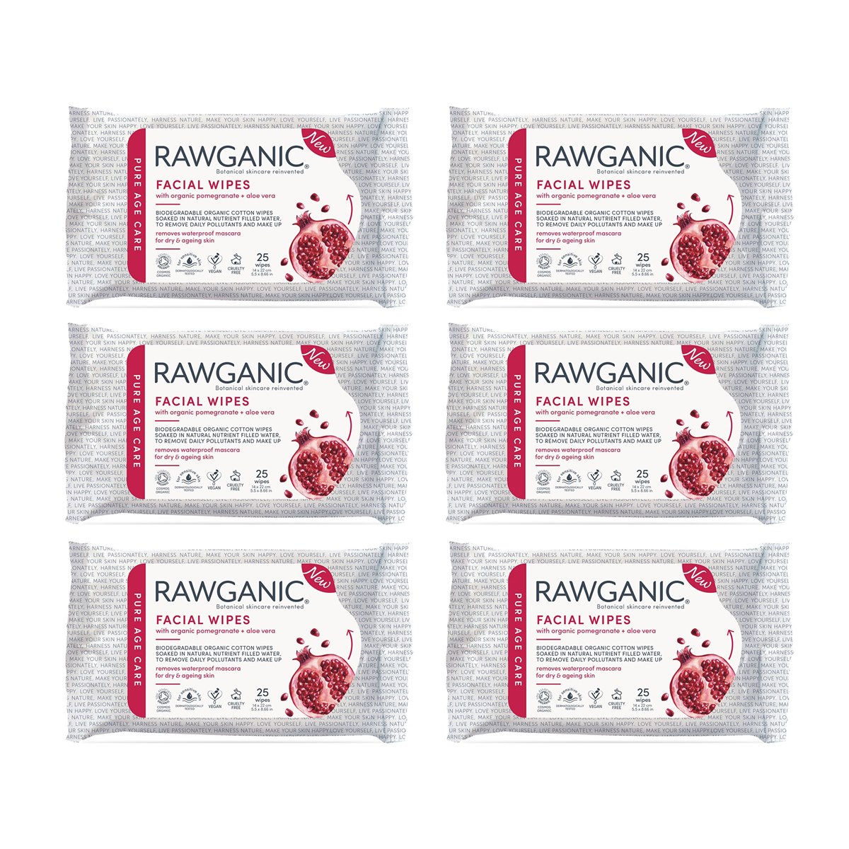 Case of 6 x Rawganic Pure Age Care Anti-Aging Facial Wipes Pack of 25