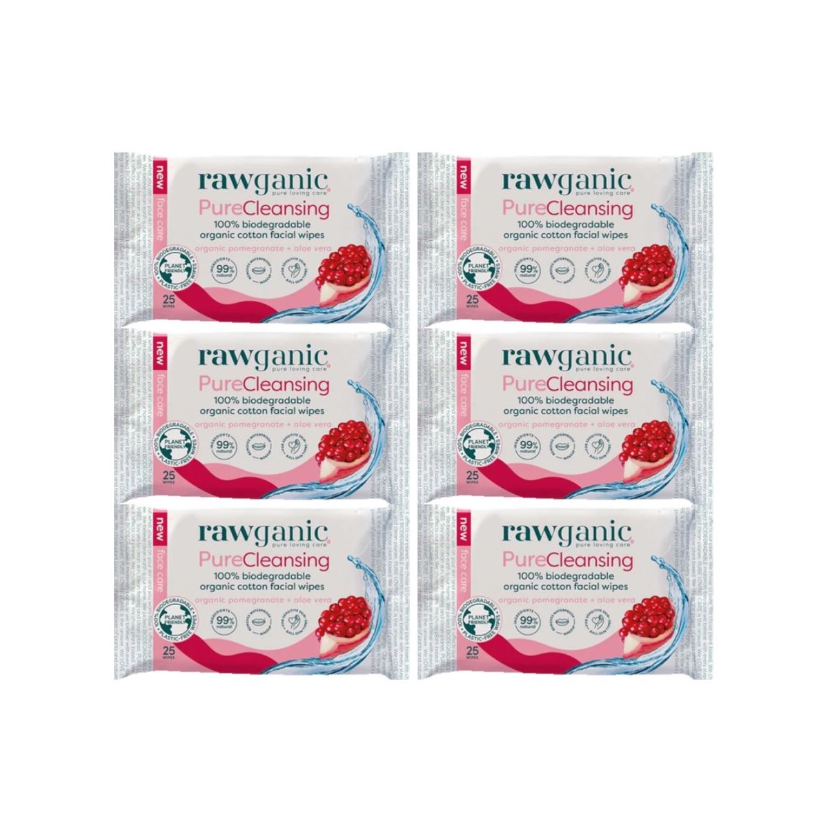 6 x Rawganic Pure Cleansing Biodegradable Wipes 25pk