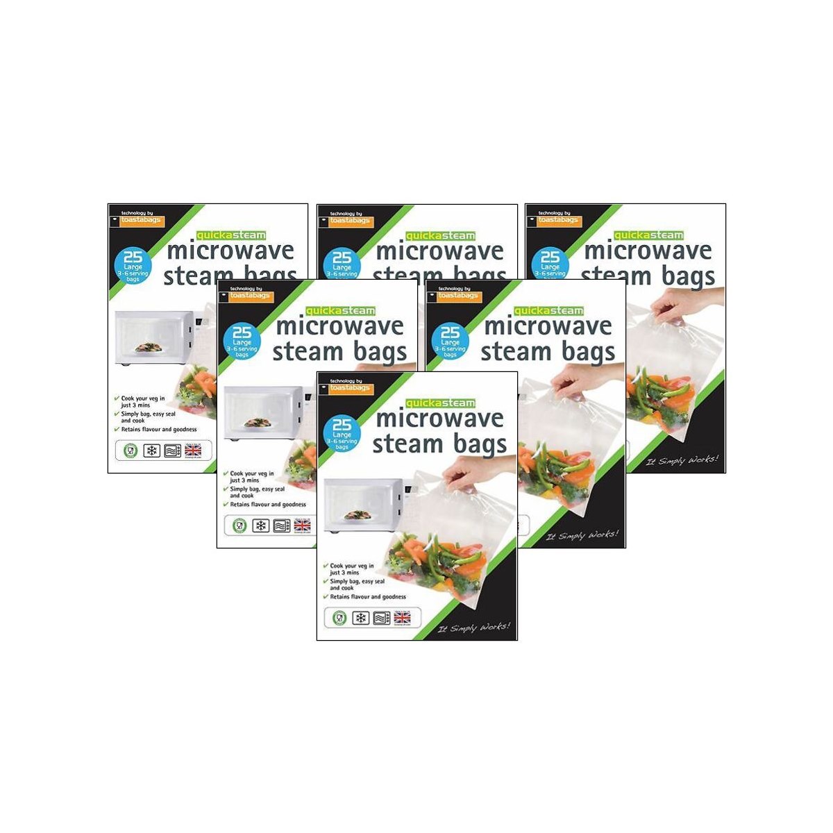 Case of 6 x Toastabags Quickasteam Microwave Steam Bags 25 Large