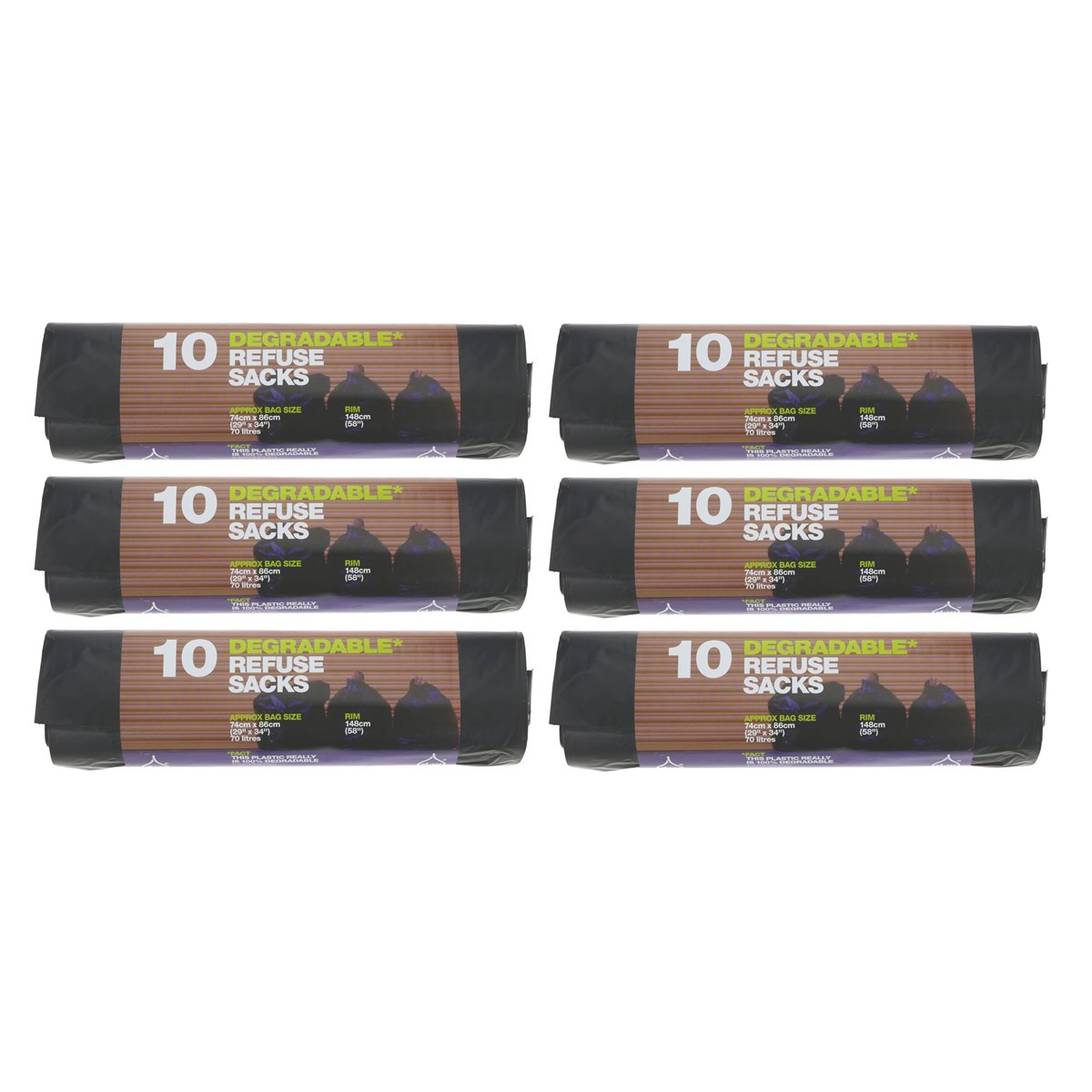 Case of 6 x d2w 10 Degradable Refuse Sacks Black 148cm Rim