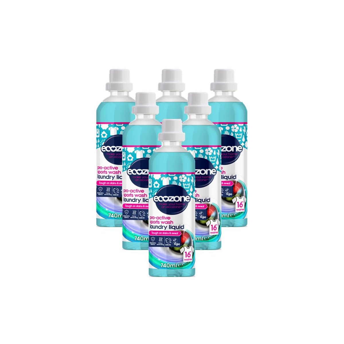 Case of 6 x EcoZone Proactive Sports Wash Laundry Liquid 740ml