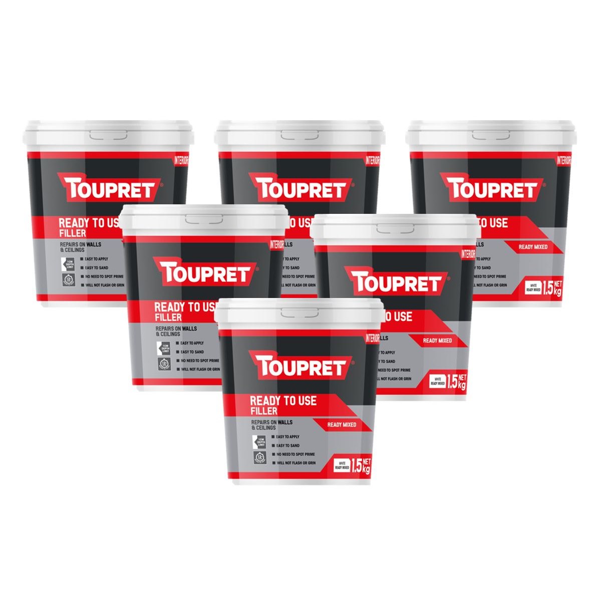 Case of 6 x Toupret  White Filler for Walls and Ceilings Ready To Use 1.5kg Easy to Sand